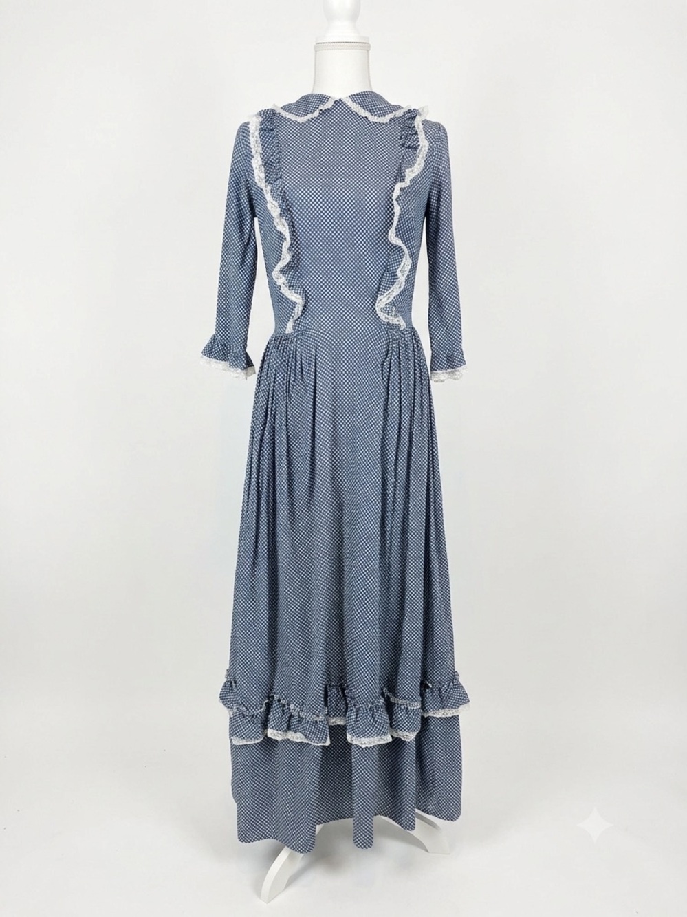 Vintage 70’s Prairie Dress Blue White Geo Print Lace Ruffle Collar Cottagecore